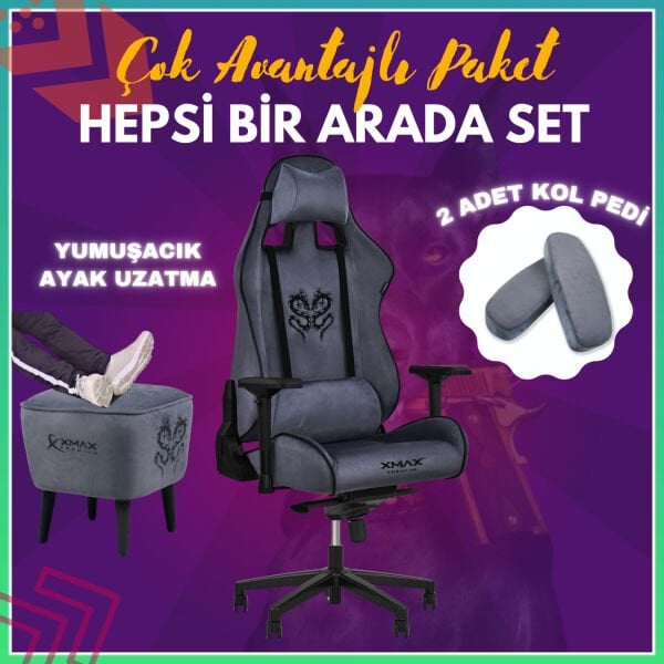 XMAX-Pro / Rio Plus Balerion 4D Kol Orijinal Yarasa Mekanizmalı Antrasit Oyuncu Koltuğu / 150 KG TAŞIR - KOL PEDİ VE PUF HEDİYELİ