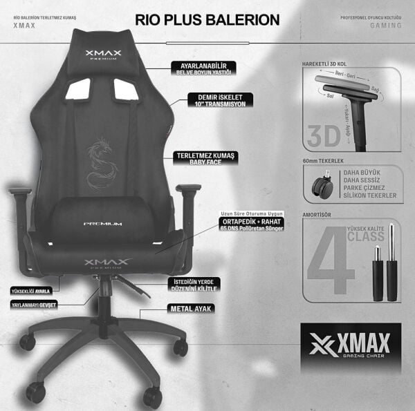 XMAX / Rio Plus Balerion Terletmez Kadife Kumaş Koyu Gri Gaming Oyuncu Koltuğu / 120 Kg Taşır