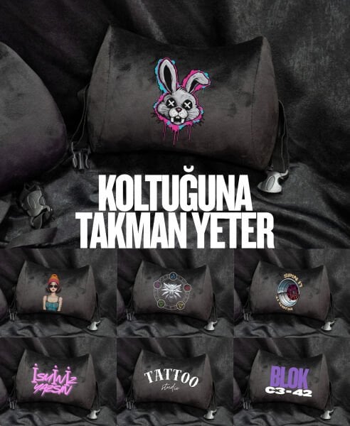 NİCK NAME VEYA LOGOLU LASTİKLİ KADİFE KUMAŞ KOLTUK VE ARAÇ BOYUN YASTIĞI