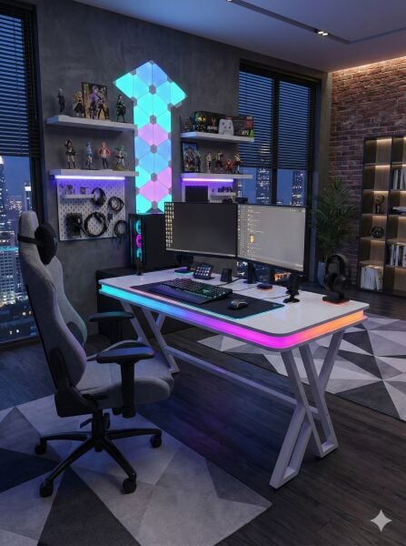 XMAX Zyra Bluetooth Rainbow ARGB Işıklı Beyaz MDF Oyuncu ve Çalışma Masası