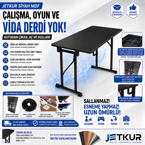 JetKur Siyah MDF Bilgisayar Oyuncu Masası Sallanmaz Metal Ayaklı - Vida Derdi Yok